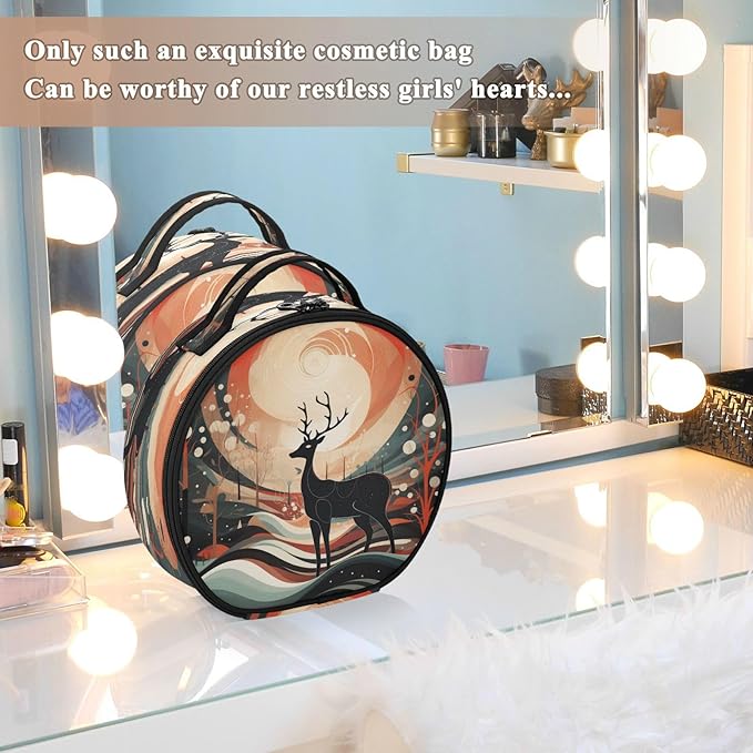 senya Round Cosmetic Pouch Travel Makeup Train Case Christmas Deer Makeup Organizer Bag with Adjustable Dividers Portable for Cosmetics Makeup Brushes Toiletry Jewelry Accessories
