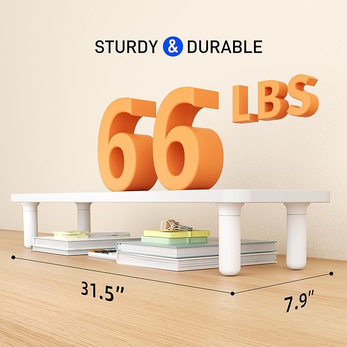 AFOOYO Dual Monitor Stand For Desk,31 Inch Adjustable Wood Computer Riser Desktop Storage Stand For Computer,Laptop,Printer,TV,White Scroll