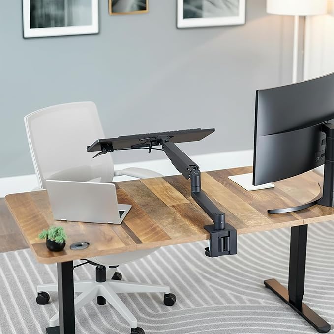 VIVO Sit-Stand 24 Inch Pneumatic Spring Keyboard and Mouse Tray Clamp-on Desk Mount, Counterbalance Height Adjustable Typing Platform, Ergonomic Tilt, Black, MOUNT-KB35CP