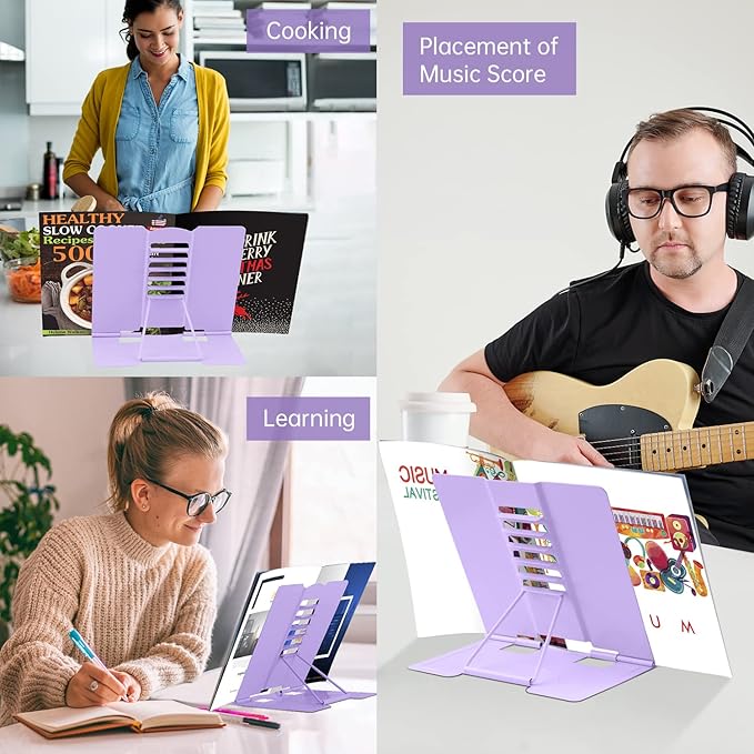 Honagu Metal Desk Book Holder, Hands Free Adjustable Cookbook & Document Holder, Portable Bookstand for Music Books, Textbooks, Recipes, Tablets & iPads (Purple)
