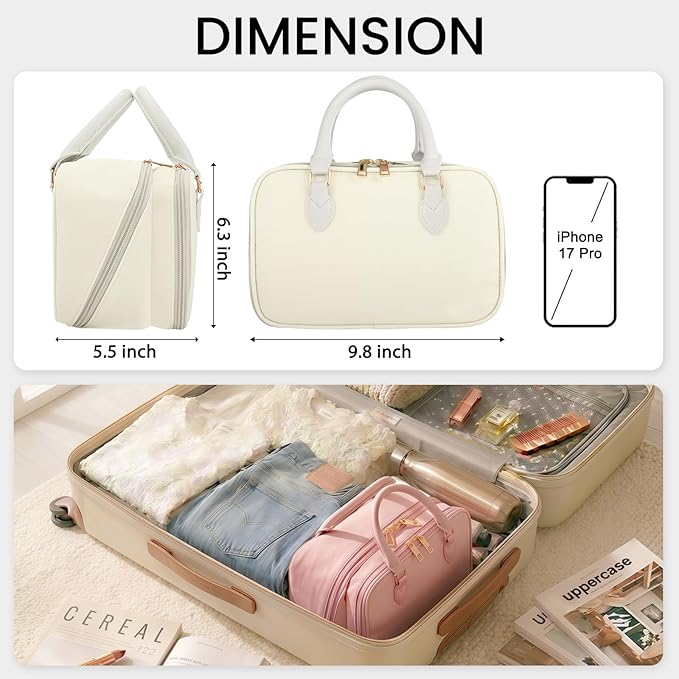 Travel Makeup Bag for Women Fashion Large Capacity Pouch Open Flat Cosmetic Portable Organizer Waterproof Large Opening Storage Toiletry Bags Vertical Free-Standing Brush Holder for Easy Access Beige