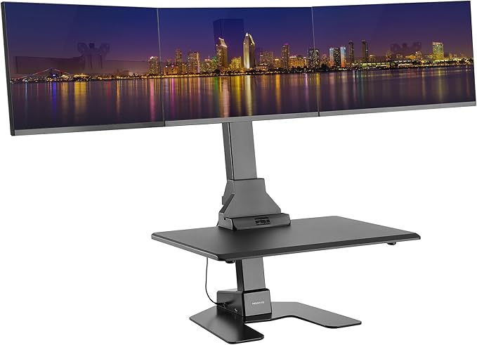 Mount-It! Triple Monitor Electric Standing Desk Converter - 3 Screens Stand Up Desk Riser - Height Adjustable Desktop & 3 Mounts for Screens up to 32", Sit-Stand Convertor for Home, Office, School