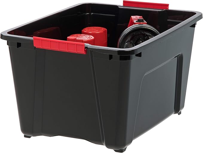 IRIS USA 30 L (32 QT) Plastic Storage Box with Lid and Latches - 4 Pack - BPA-Free, Garage Organizing Solution, Durable Nestable Stackable Containers, Secure Pull Handle - Black