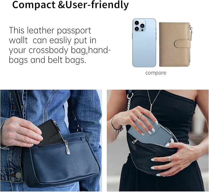 Passport wallet and Card Slot Combo RFID Blocking Slim Leather Travel Passport Wallet for Men and Women with Zippered Coins Pocket Passport holder, Grey