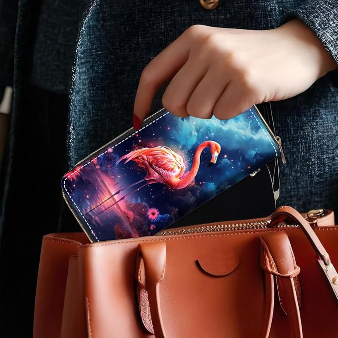 Women's Large Capacity Wallet, Portable PU Leather Zipper Wallet for Smart Phone/Card/Coin/Cash, Multifunctional Clutch Wallet with Removable Wristlet Strap - Flamingo