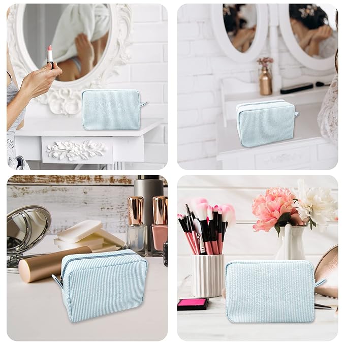 GFU Makeup Bag for Women, Cute Cosmetic Bag, Lightweight Toiletry Make up Bag, Large Seersucker Aesthetic Organizer Storage Pouch for Girls, Women and Moms Gifts, Lightblue
