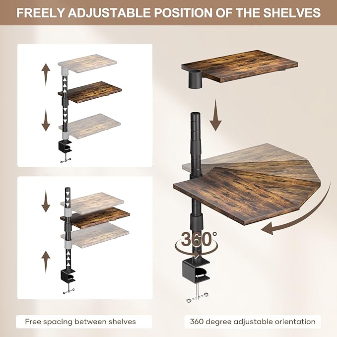 3 Tier Clamp On Desk Shelf - Over Or Under Table Clamp Shelf,360° Rotatable Desk Storage for Home Office, Gaming Devices,Storage Tray,and More, Rustic Vintage Brown Desktop Shelves