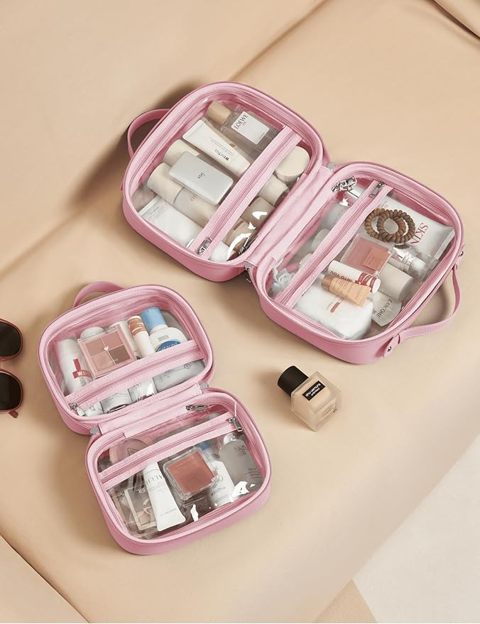 Clear Cosmetic Bag Double Layer Travel Toiletry Bag Clear Makeup Bag Case with 4 Compartments, Transparent Travel Bag for Toiletries, Large Toiletry Bag for Women Cosmetic Case (Pink, Small)