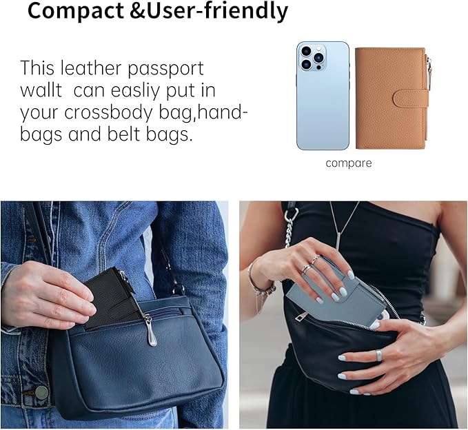 Passport wallet and Card Slot Combo RFID Blocking Slim Leather Travel Passport Wallet for Men and Women with Zippered Coins Pocket Passport holder, Brown
