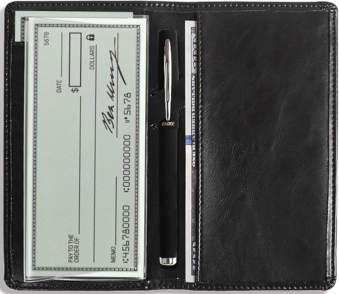 Sanlykate Leather Checkbook Cover for Men and Women, Check Book Case Card Holder with Free Divider, Standard Register Duplicate Checks with pen inserts