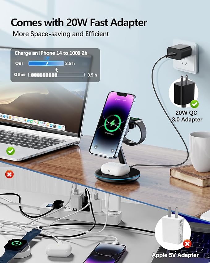 3 in 1 Charging Station for Apple Devices 18W Fast Mag-Safe Charger Stand Magnetic Wireless Charger Station for iPhone 17 16 15 14 13 12 Pro/Pro Max/Plus/Mini AirPods 2/3/Pro iWatch Ultra 2-8 Serials