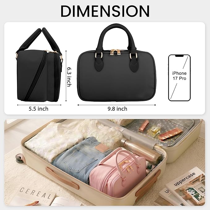 Travel Makeup Bag for Women Fashion Large Capacity Pouch Open Flat Cosmetic Portable Organizer Waterproof Large Opening Storage Toiletry Bags Vertical Free-Standing Brush Holder for Easy Access Black