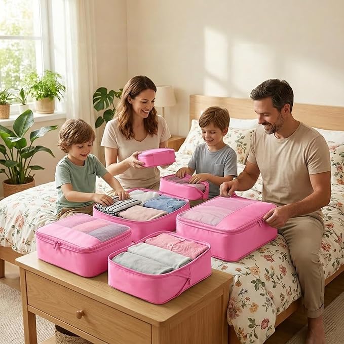 4 Piece Compression Packing Cubes for 3–7 Day Travel, Space Saving Travel Organizers with Breathable Mesh, Double-Zipper Packing Cubes for Carry-On & Suitcases (Petal)