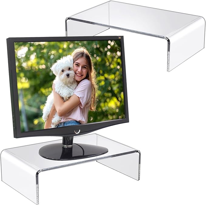 Amazing Abby Acrylic Monitor Stand Riser for Desk (2-Pack), Clear Plastic Computer Monitor Riser with Keyboard Storage, Heavy-Duty 3-3/8" Riser for PC Laptop Screen, Great for Home and Office Use