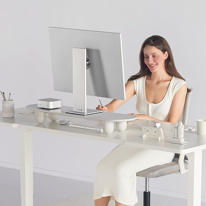 Fenge Monitor Riser, 34 Inch Dual Monitor Stand for Large Monitors, Desk Organizer with Wooden Shelf & Solid Wood Legs, Computer Stand for Laptop, TV, PC, Printer, White