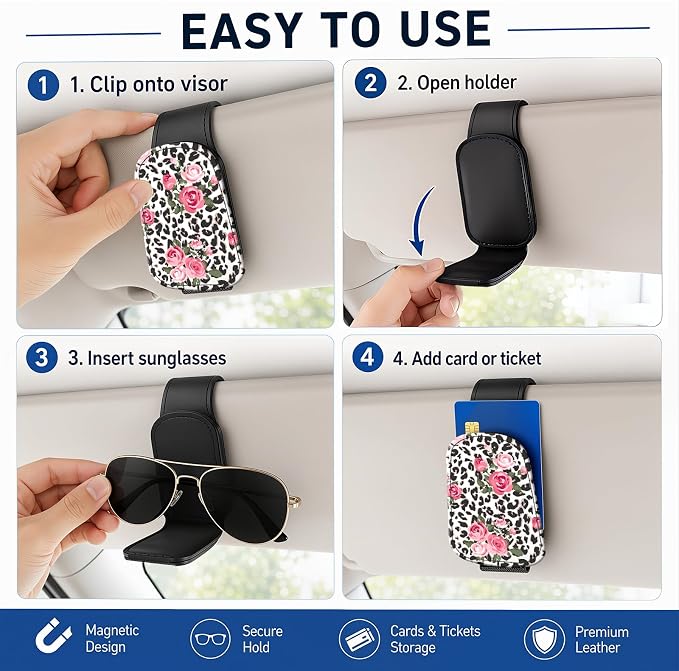 Leather Magnetic Sunglass Holder for Car Sun Visor, Cute Eyeglass Ticket Card Hanger Clip, Universal Auto Interior Accessories for SUV Pickup Truck, Rose Leopard