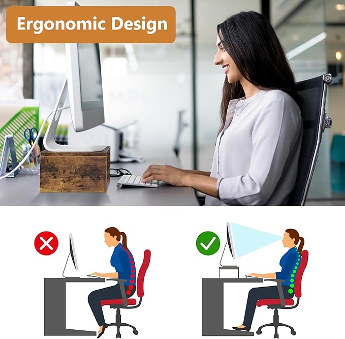 Wood Monitor Stand for Desk, 2 Tier Anti-slip Monitor Riser for Desktop with Phone Slot, Sturdy Computer Stand with Storage Shelves, Sturdy Laptop Riser Monitor Shelf, Easy to Assemble, Rustic Brown