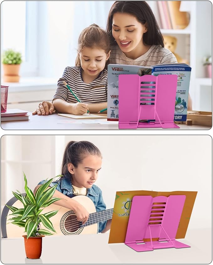 MSDADA Desk Book Stand Metal Reading Rest Book Holder Adjustable Cookbook Documents Holder Bookstands for Recipes Textbooks Tablet Music Books Birthday Gifts for Teachers, Boys and Girls (Rose Red)