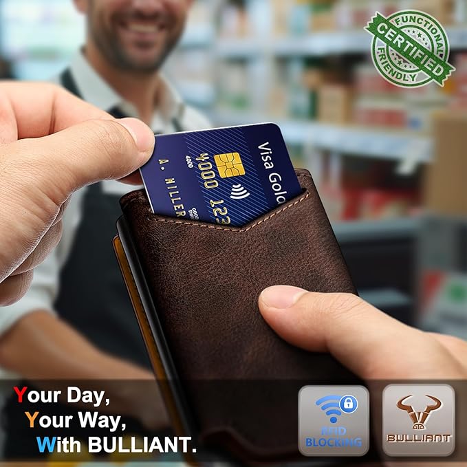 BULLIANT Men Wallet Leather Wallet Card Holders Money Clip for Men 10Cards-Magnetic Flip on Metal Case