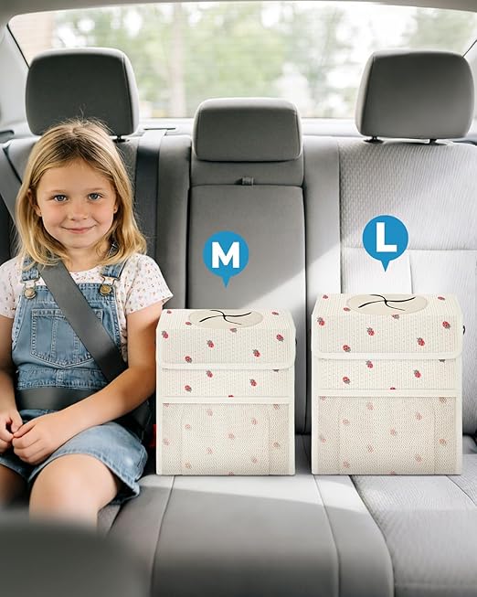 Corduroy Car Trash Can with Lid and Mesh Pockets - Leakproof Organizer,Multipurpose Waterproof Garbage Can/Trash Bin for Car(Beige/Red Strawberry Print-3 Gallons)