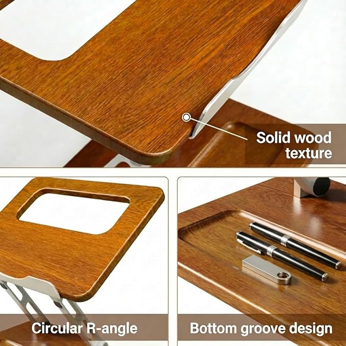 Ergonomic Wooden Laptop Stand with Pen Slot, Adjustable Height & Angle, Hollow Cooling, Foldable for Desk Use, for 10-17 Inch Laptops/Tablets