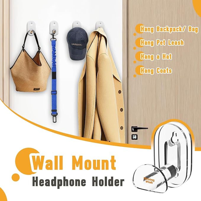 Acrylic Headphone Wall Mount Holder for Most Over-Ear Headphones, Clear Headphone Hanger for Wall Universal Headset Hook Gaming Headset Holder