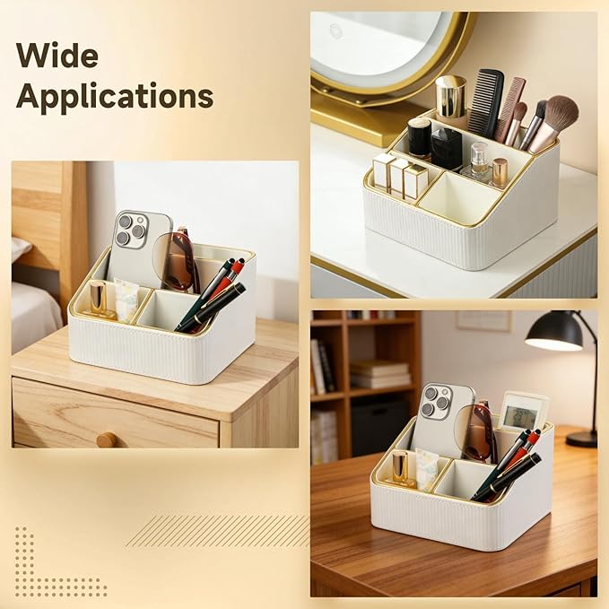 OMISTAR 4 Compartments Remote Control Holder, PU Leather Nightstand Organizer, Tiered Bedside Caddy, Desktop Storage Container for Stationery Office Supplies, Stylish Vanity Tray for Makeup