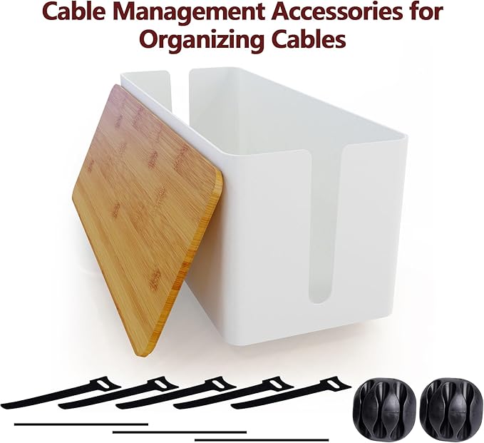 Cable Management Box,Wooden Style Large Cable Organizer Box for Office and Home,Cable Organizer Box with Proof Lock for Baby-Pets,Wood Lid(White,1 Pack
