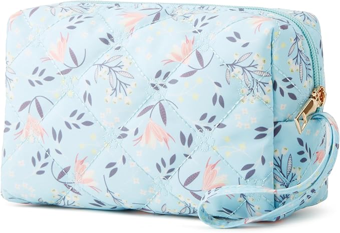YTL Travel Makeup Bag, Puffer Cosmetic Bag for Women, Waterproof Puffy Padded Make Up Bags, Flat Open Portable Organizer Case Toiletry Bag Pouch Purse for Skincare, Brushes & Travel Essentials