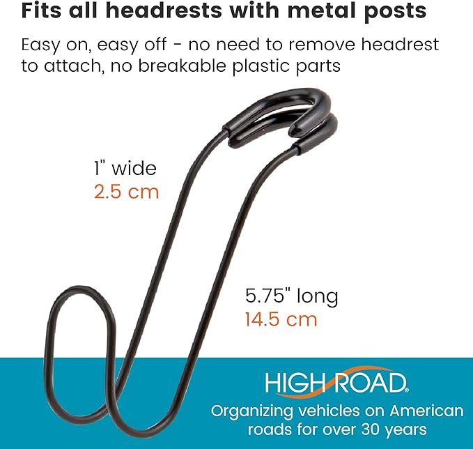 High Road Metal Car Hooks for Purses and Bags - Unbreakable Headrest Car Hooks for Large Purse Straps and Heavy Bags up to 40 lbs - Secure Attachment Loops Fit All Headrest Posts (Single Hook 4-Pack)