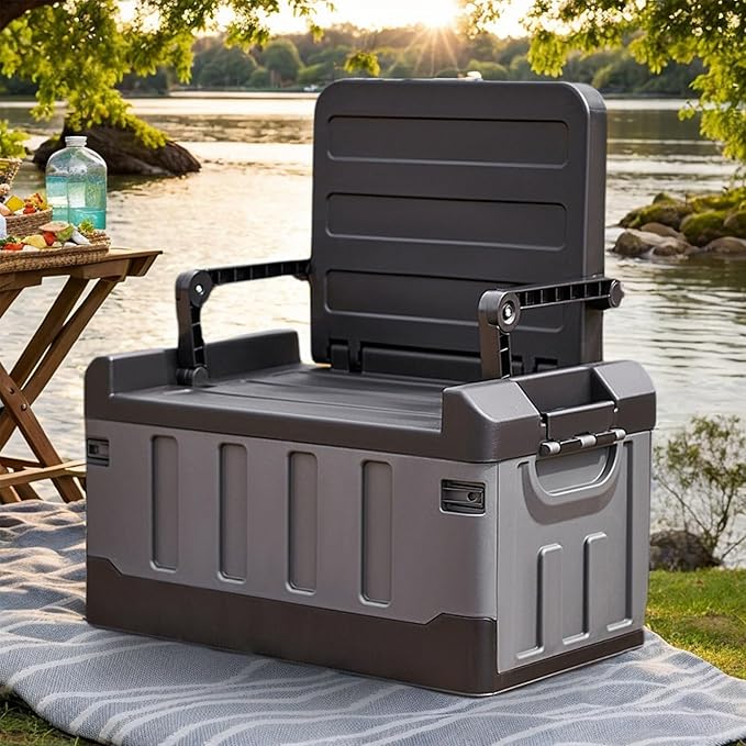 Versatile Foldable Seatable Camping Box Car Organizer Heavy Duty Storage Bins With Lids Box Trunk,Durable Plastic,60L Can Store Clothes, Toys Camping Equipment in Large Capacit (black)