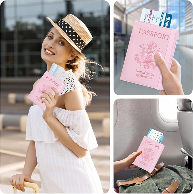 ACdream RFID BLOCKING Passport Holder Travel Wallet, Premium PU Leather Cover Passport Book with Card Holder, Pen Holder, Keep Organization, and Travel Essentials for Women and Men, Bright Pink