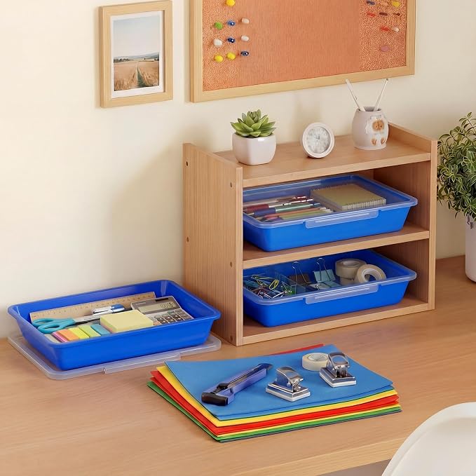 Tinlade 12 Pcs Classroom Paper Storage Bins with Clear Latching Lid, Label Stackable Letter Size Flat Tray Container for Teacher Back to School Supplies Home Office Desk Arts Crafts (Blue,13x10in)