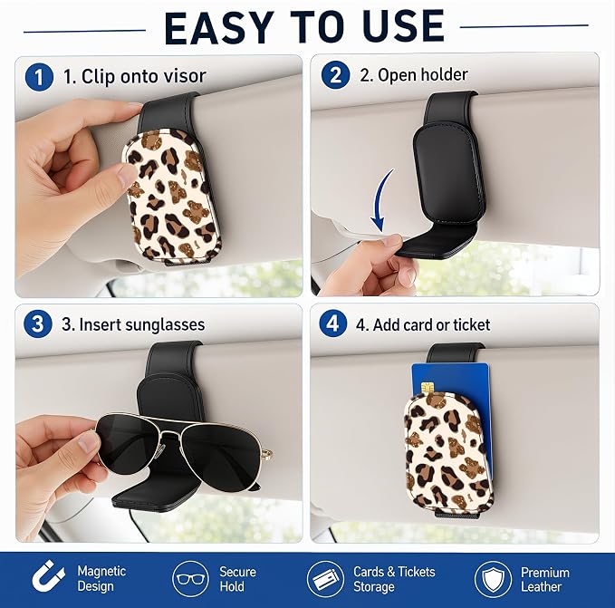 Leather Magnetic Sunglass Holder for Car Sun Visor, Cute Eyeglass Ticket Card Hanger Clip, Universal Auto Interior Accessories for SUV Pickup Truck, White Leopard