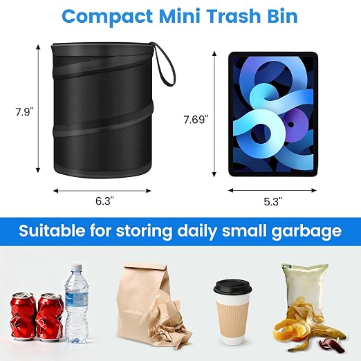 2 Pack Mini Trash Can for Car, Leakproof Pop-Up Car Trash Can with Hanging Loop, Washable Small Garbage Can Hanging Automotive Garbage Cans Trash Bin for Truck Auto SUV Vehicle RV Camping, 1 Gallon