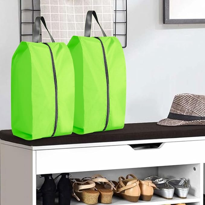 3 Pack Folding Shoe Bags for Travel with Zipper Closure, Waterproof Shoe Storage Bag with Handle, Washable Shoe Organizers Packing Cubes for Gym Women Men (Green)