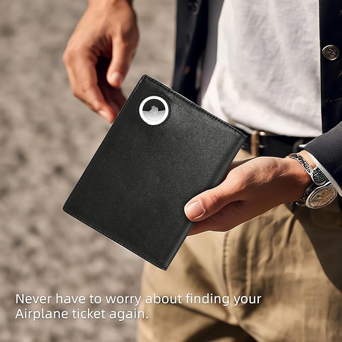 Leather Passport Wallet with AirTag Slot — RFID Passport Holder for Travel Men, Slim Travel Wallet with Card, Cash & Ticket Slots