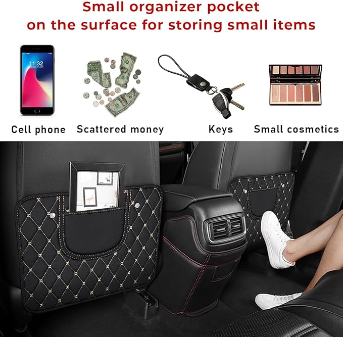 2 PCS Car Kick Mats, Leather Back Seat Protector with Storage Bag, Waterproof Automotive Backseat Cover Pad Prevent Kids Dirt Mud and Scratch, Interior Car Accessories(Black & Beige)