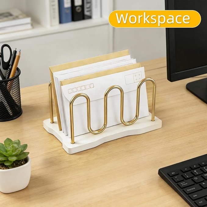 Mail Holder Organizer Countertop, Metal Mail Sorter for Desk, Cutout Mail Storage Bills Organizer Letter Tray Design with Bamboo Base for Home Office (White)