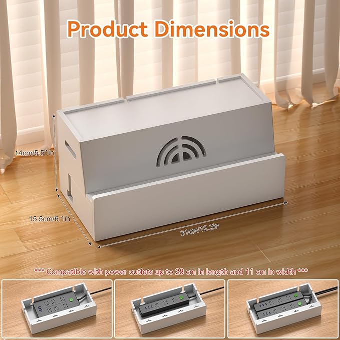 Bamboo Cable Management Box, White, 31X14X15.5CM, Cable Organizer Box for Desk with Conceal Power Cords and Power Strips, Suitable for Living Rooms, bedrooms, Offices and More