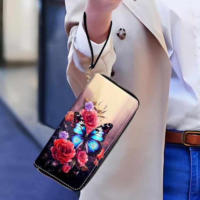 Women's Large Capacity Wallet PU Leather Zip Around Clutch Purse Multifunctional Wallet with Removable Wristlet Strap for Smart Phone/Coin/Card/Cash, Flower Butterfly
