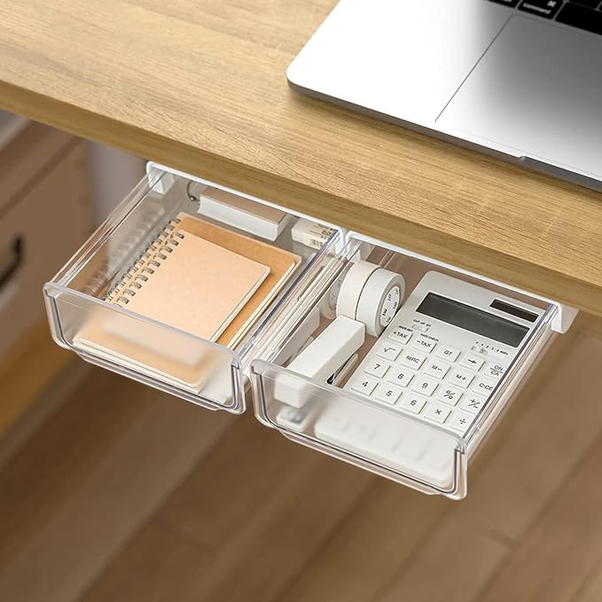 OSPNIEEK Self-adhesive Under Desk Drawer Organizer, 2 Pack Table Hidden Slide Out Large Storage Mounted Desktop Pencil Holder Tray Drawers for Office Home School Stationery Kitchen (White)
