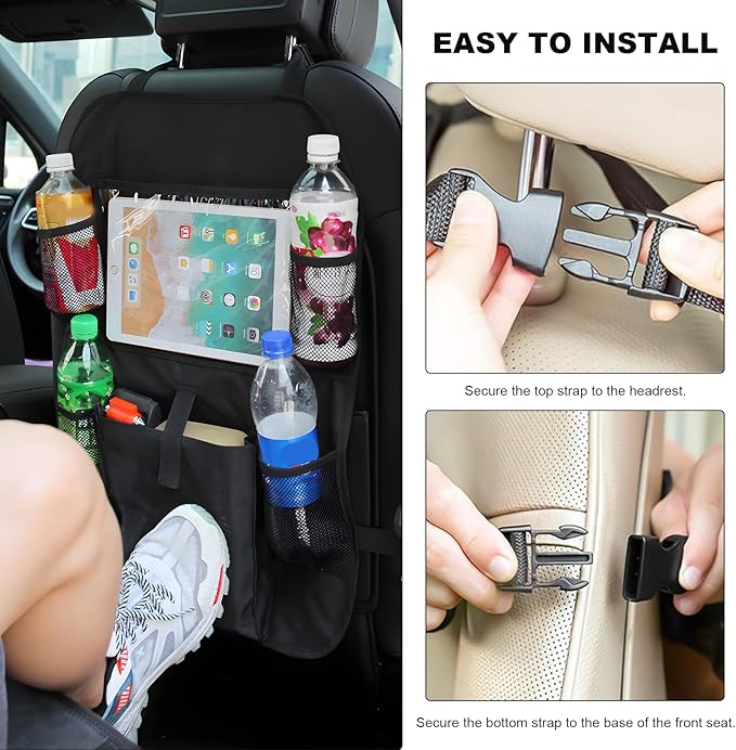 Car Seat Back Organizer, Auto Multi-Pockets Backseat Storage Bag with Tablet Holder, Waterproof Oxford Cloth Seat Back Protector Kick Mat for Most Vehicles, Car Accessories (Style A)