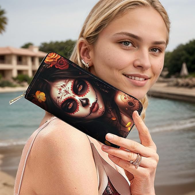 RFID Blocking Leather Wallet for Women – Large Capacity Zip Around Clutch with 8 Card Slots,43 Cash Pockets & Coin Zipper,Day of The Dead Girl Art