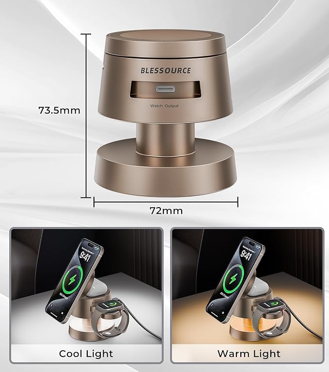 4-in-1 Magnetic Wireless Charging Station for iPhone 17/16/15/14 Pro Max, with Night Lamp and 20W Adapter Wireless Charging Station Fast Charging for Apple Watch, Earphones & Multiple Devices