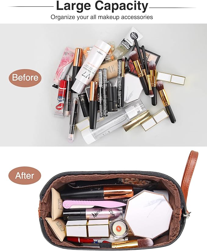 Relavel Travel Makeup Bag, Cosmetic Bag Makeup Organizer Bag Zipper Pouch for Purse Large Capacity Toiletry Bag Portable Waterproof Travel Accessories Skincare Make Up Bag, Brown