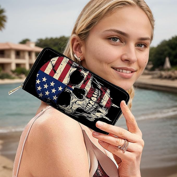 RFID Blocking Leather Wallet for Women – Large Capacity Zip Around Clutch with 8 Card Slots,39 Cash Pockets & Coin Zipper,Skull American Flag