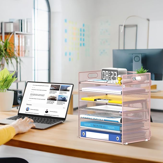 7 Tier Paper Organizer - Mesh Desktop File Holder with Handles for Office School Desk, Black (Pink)