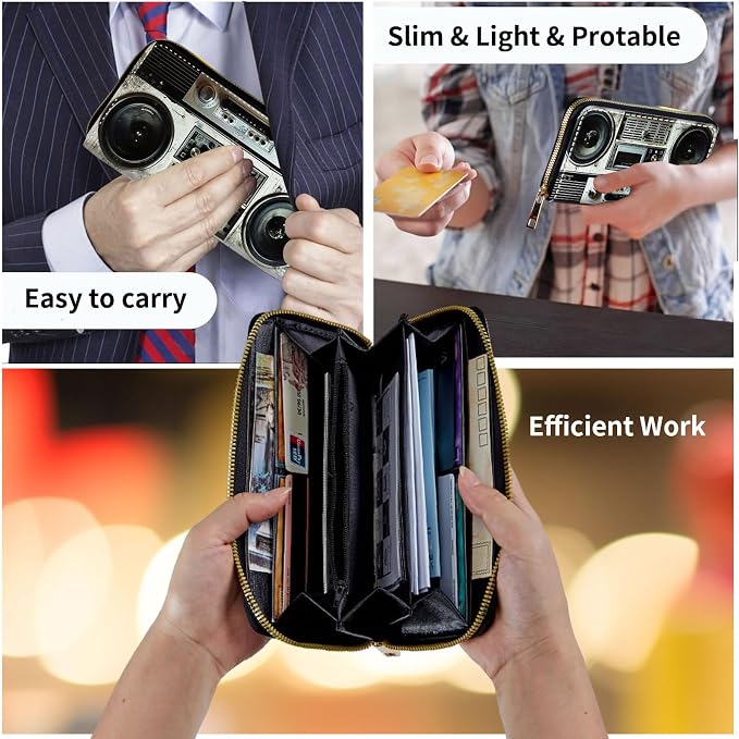 Wallet,Leather Long Wallet Suitable For Ladies And Teenagers - Detachable Wristband + RFID Travel Wallet With Card Slot - Retro Boombox
