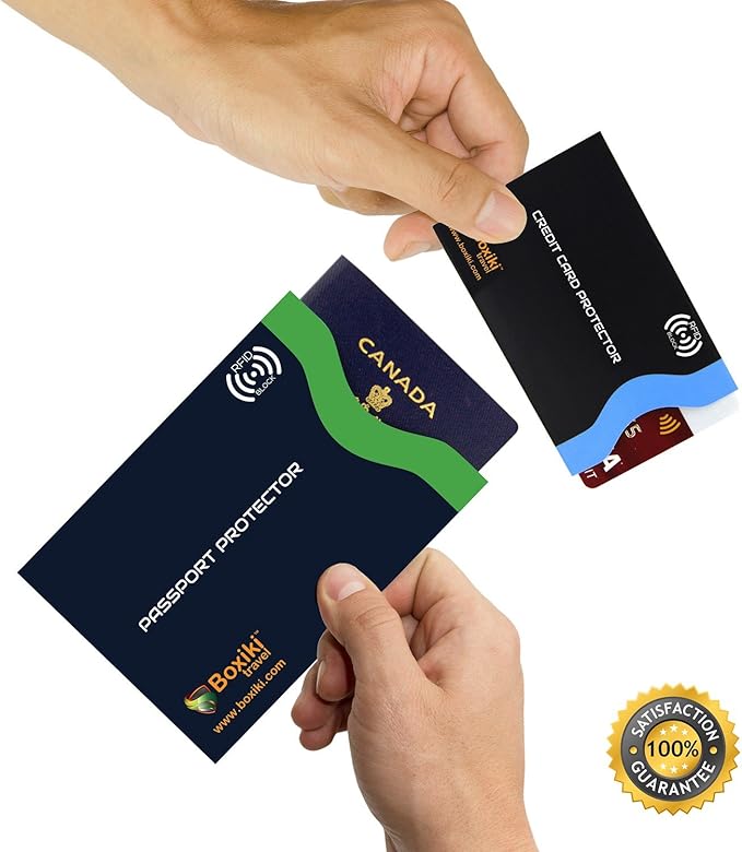 Boxiki Travel RFID Blocking Sleeves, Set with Color Coding, Navy Blue, Unisex Wallet, Protects Credit Cards and Passports